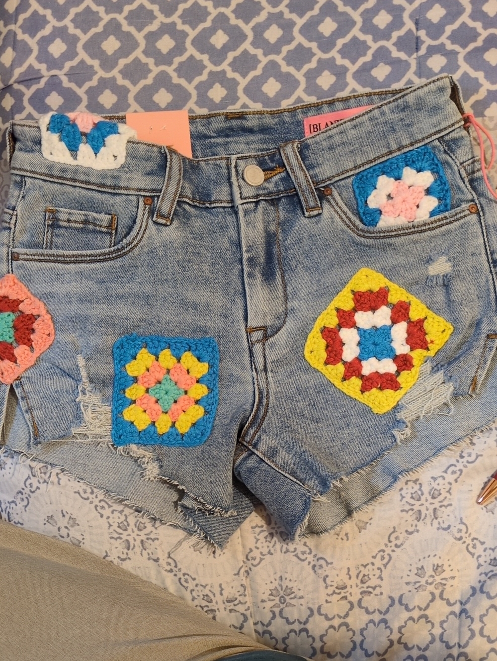BlankNYC Crochet Patch Distressed Denim Shorts - Blue with Multicolor Patches